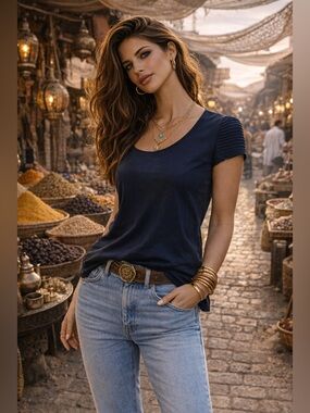 Massimo Dutti 100% Mulberry Silk Navy Blouse Gold Button Back Size M